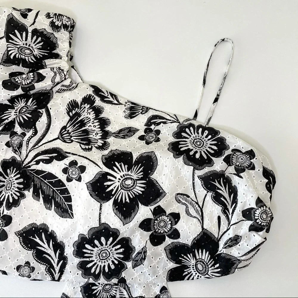NWT Anthropologie Maeve One Shoulder Black White Floral Eyelet Bow Back Blouse